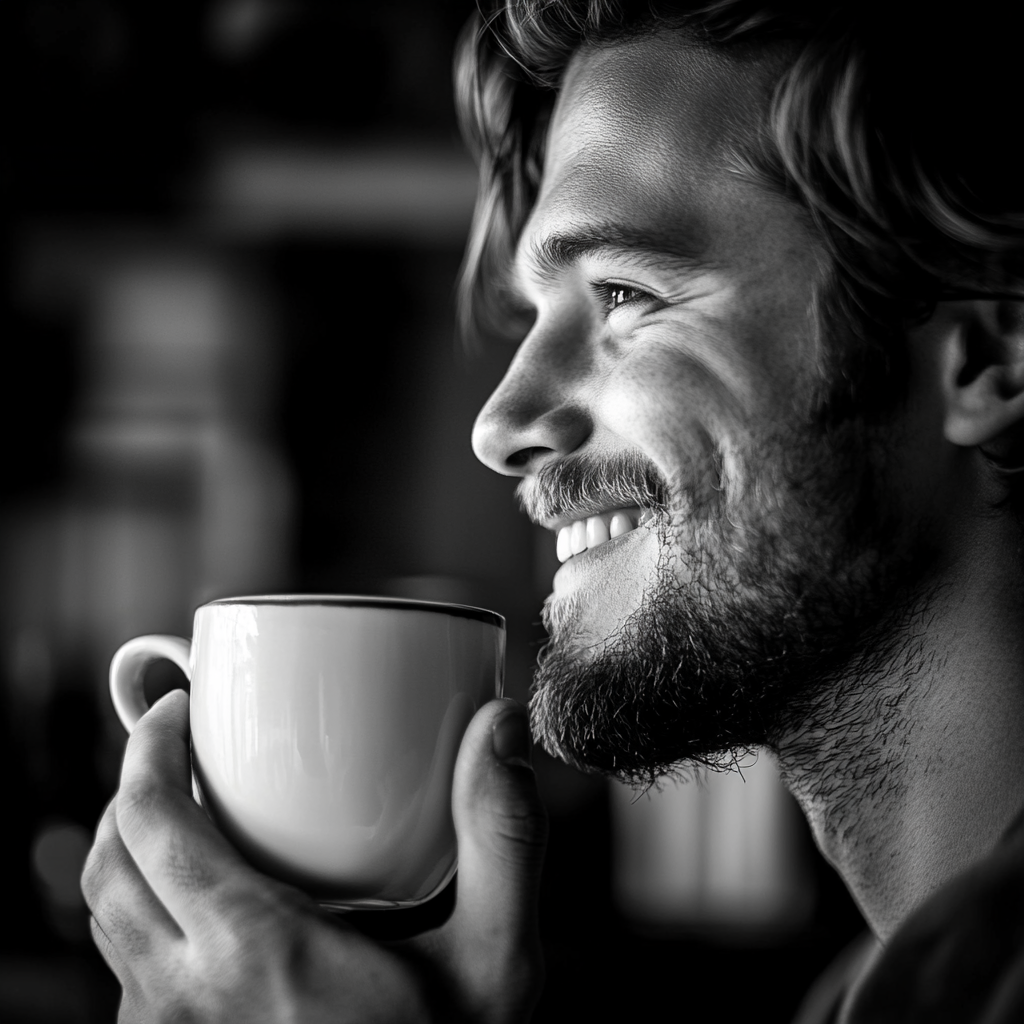 Un hombre sonriente con una taza de café⏐ Fuente: Midjourney