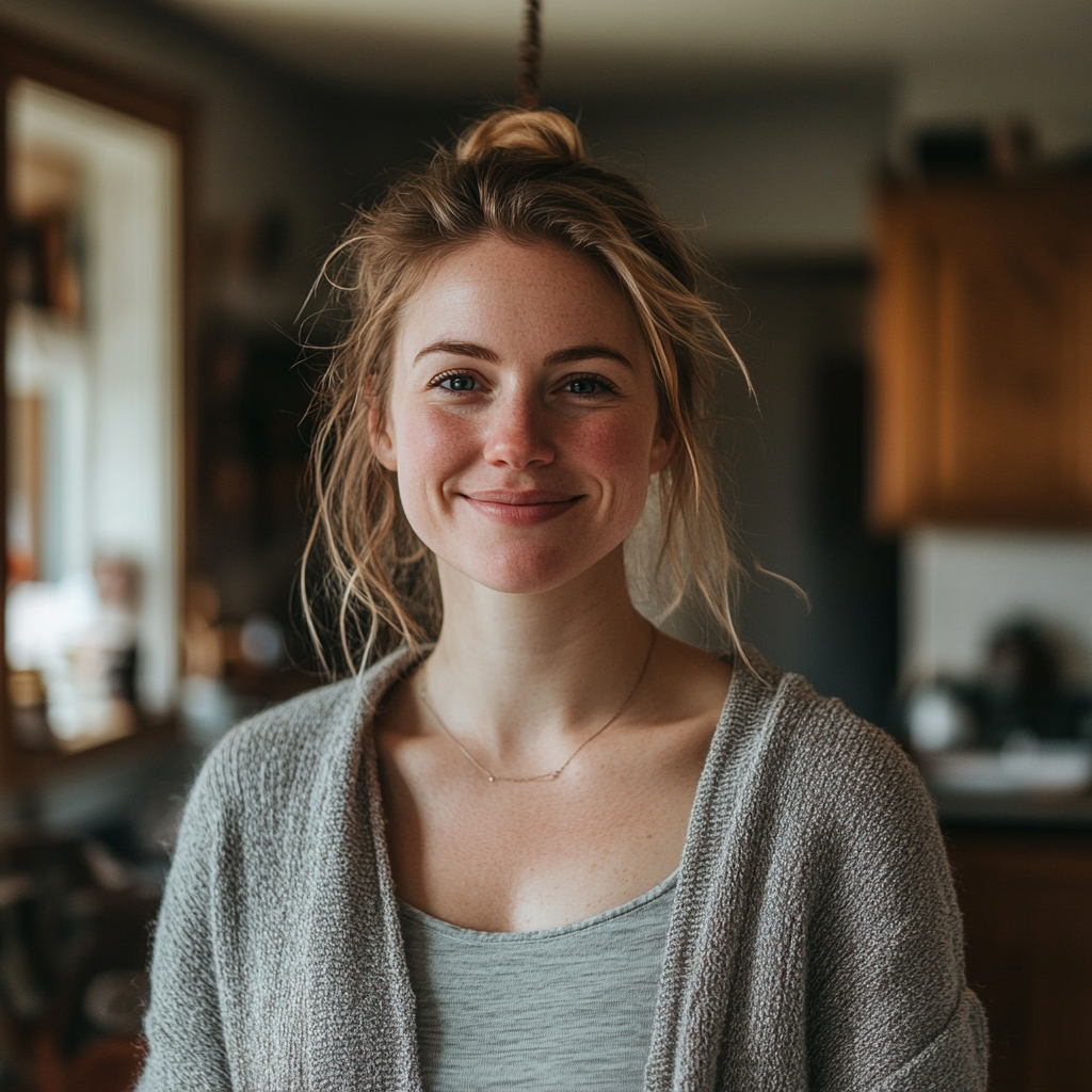 Una mujer sonriente dentro de una casa | Fuente: Midjourney