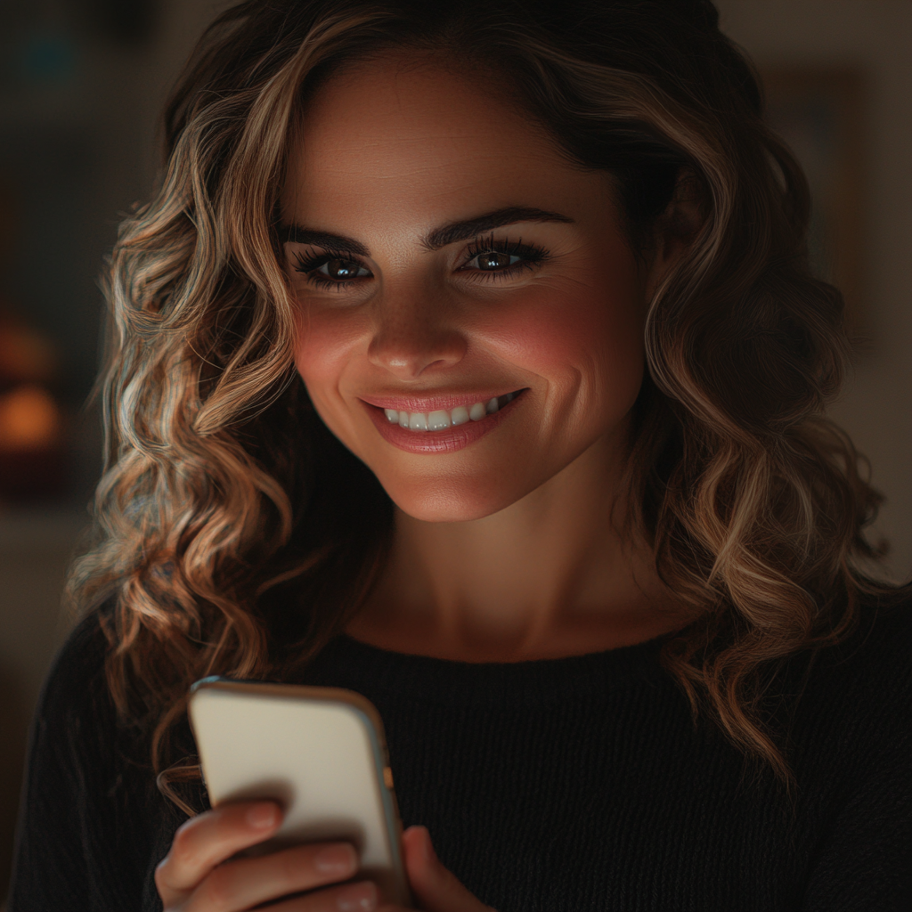 Una mujer sonriendo mientras sostiene su teléfono | Fuente: Midjourney