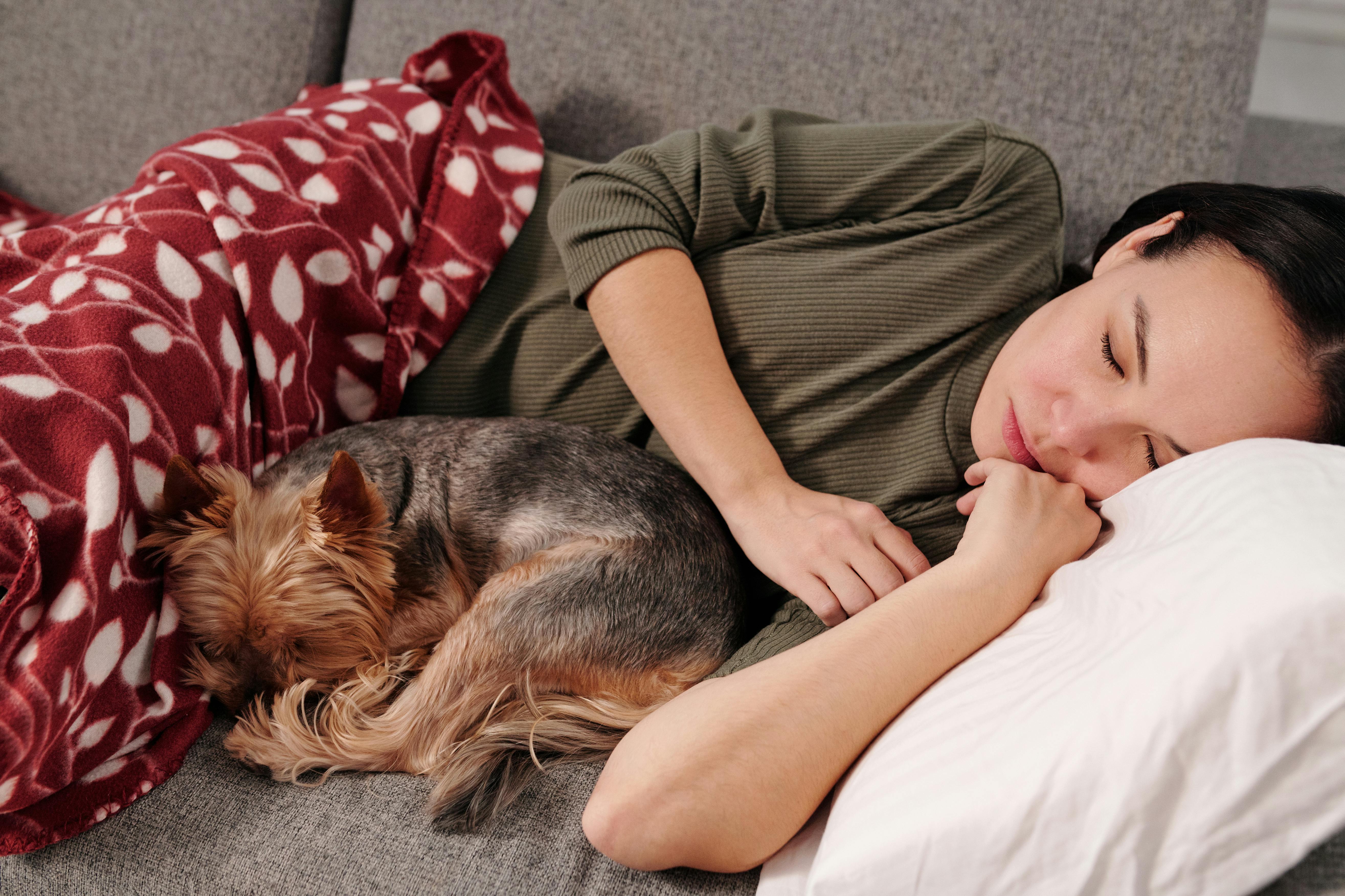 Una mujer durmiendo en un sofá con su perro | Fuente: Pexels
