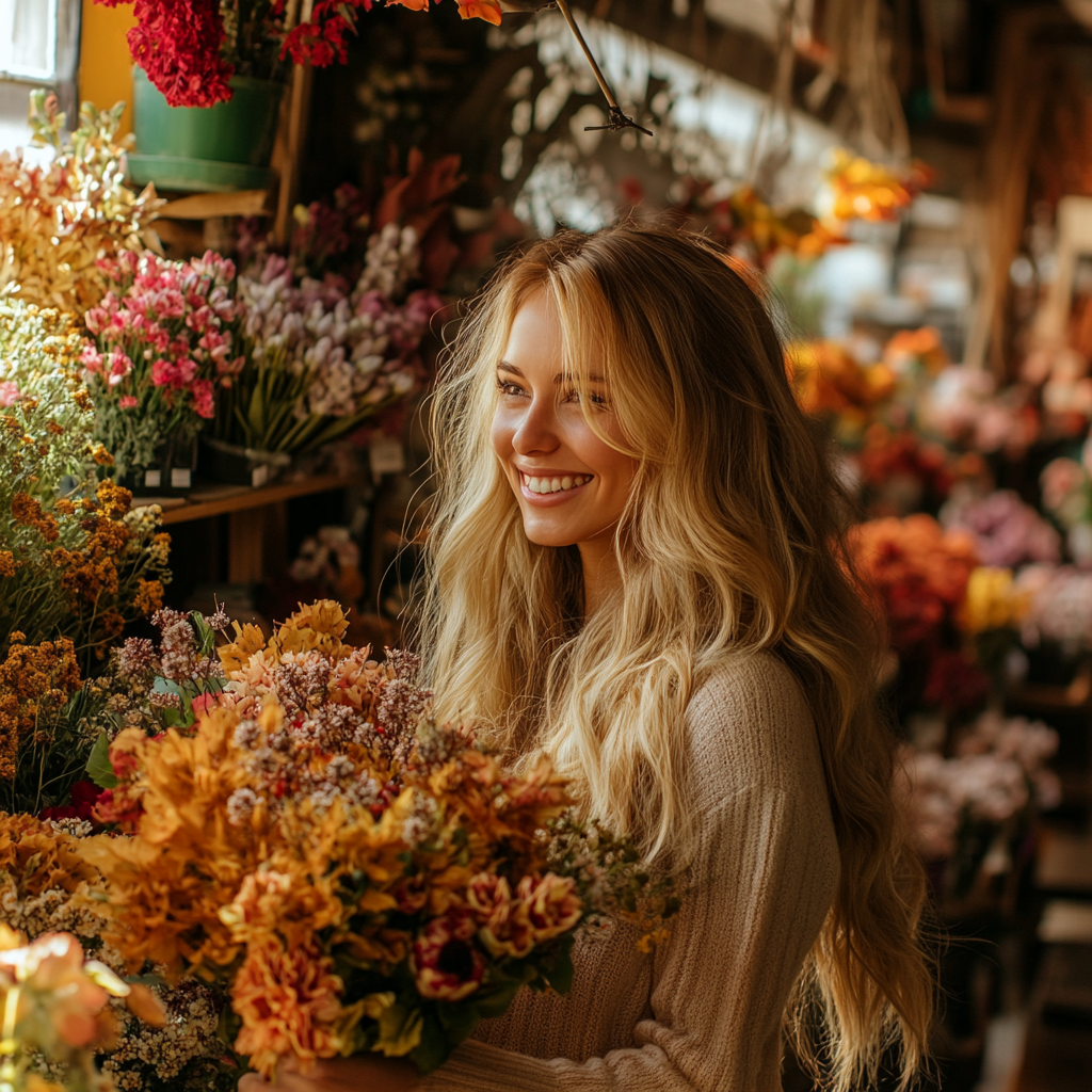 Una mujer sonriente con un ramo | Fuente: Midjourney