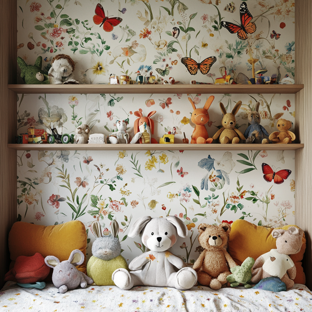 Una impresionante habitación infantil con un precioso papel tapiz y juguetes de peluche | Fuente: Midjourney