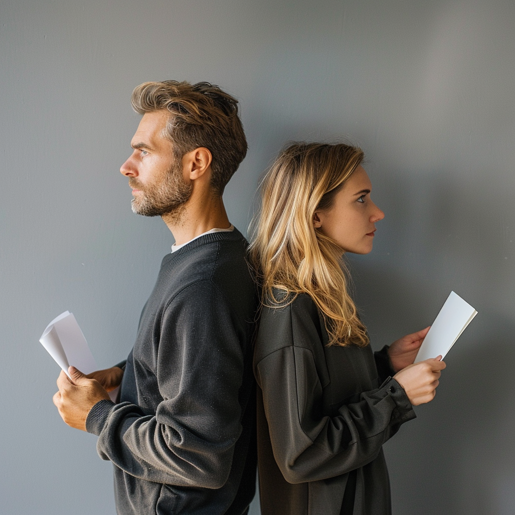 Hombre y mujer de espaldas, cada uno con un papel en la mano | Fuente: Midjourney