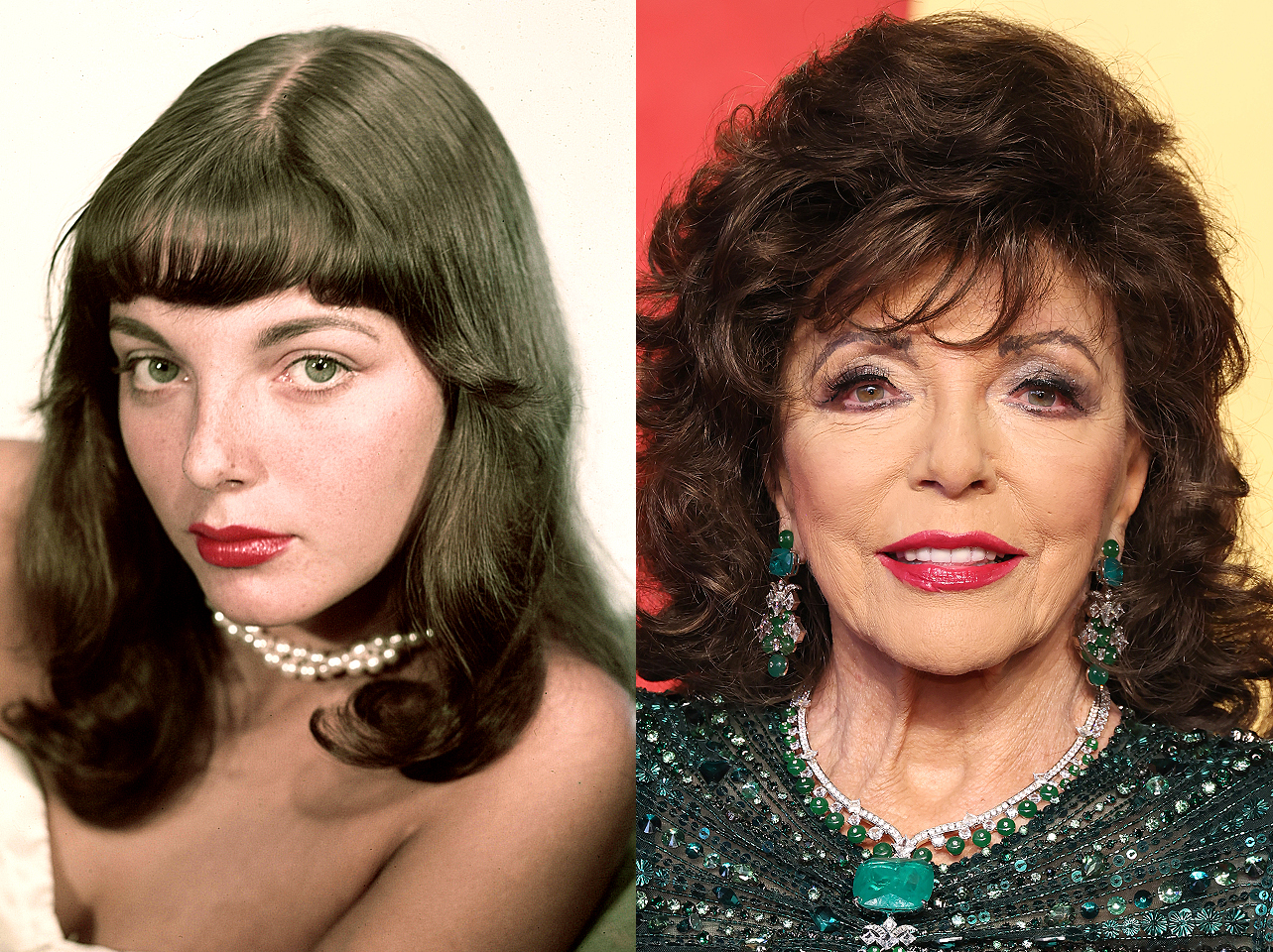 Joan Collins en sus años jóvenes y en la actualidad. | Fuente: Getty Images