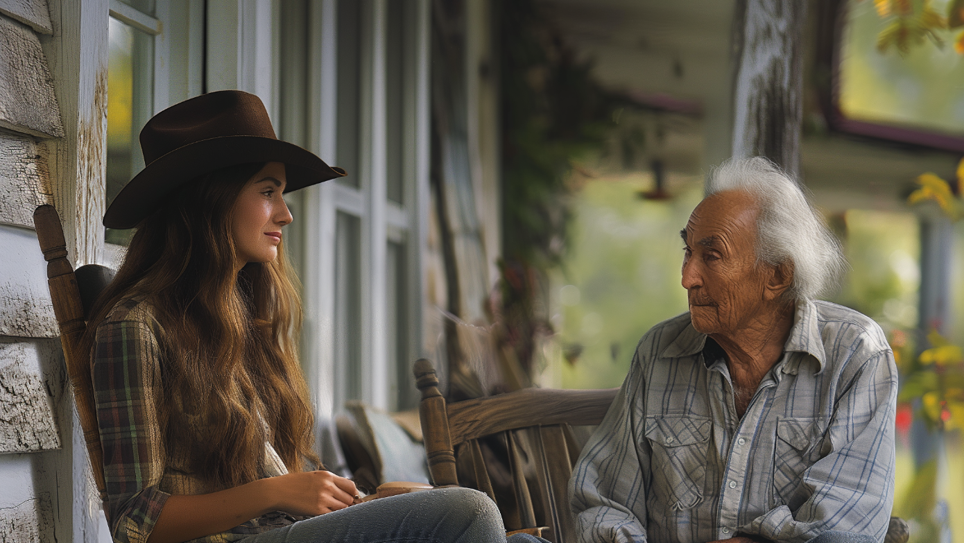 Una joven charlando con un anciano en su porche | Fuente: Midjourney