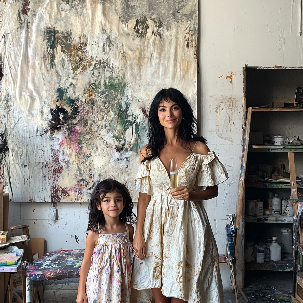 Una mujer con su hija en un estudio de arte | Fuente: Midjourney