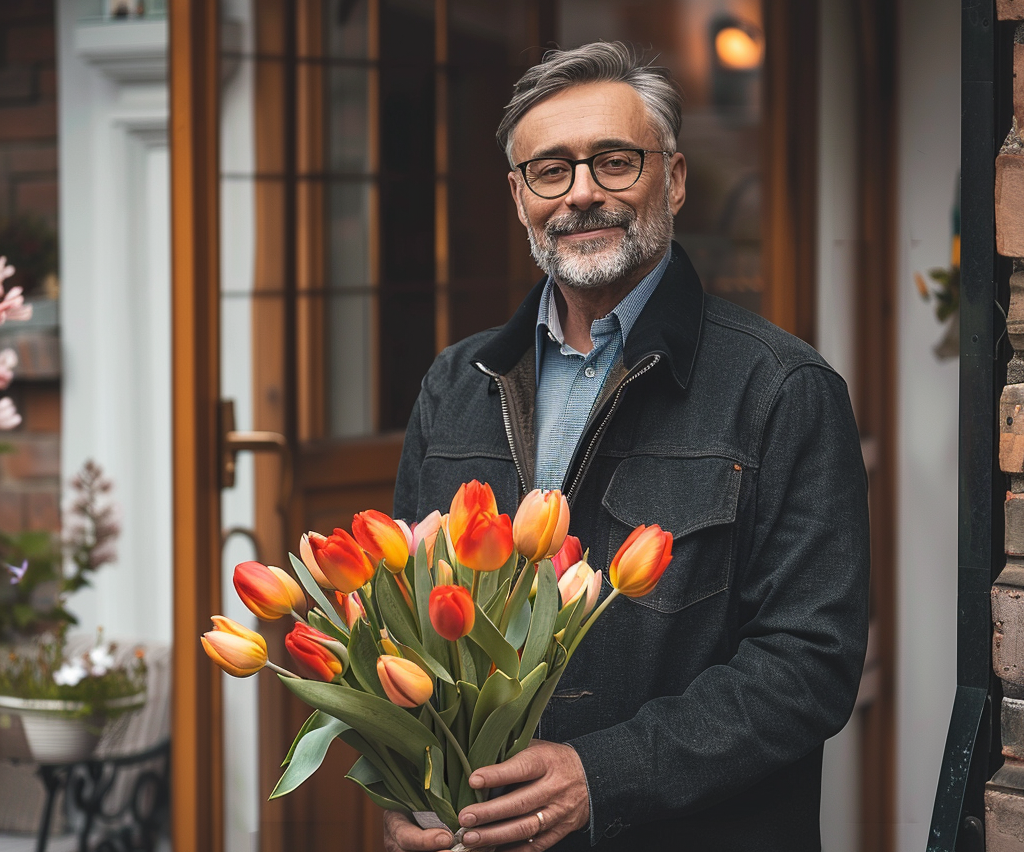 Un hombre con un ramo de tulipanes | Fuente: Midjourney