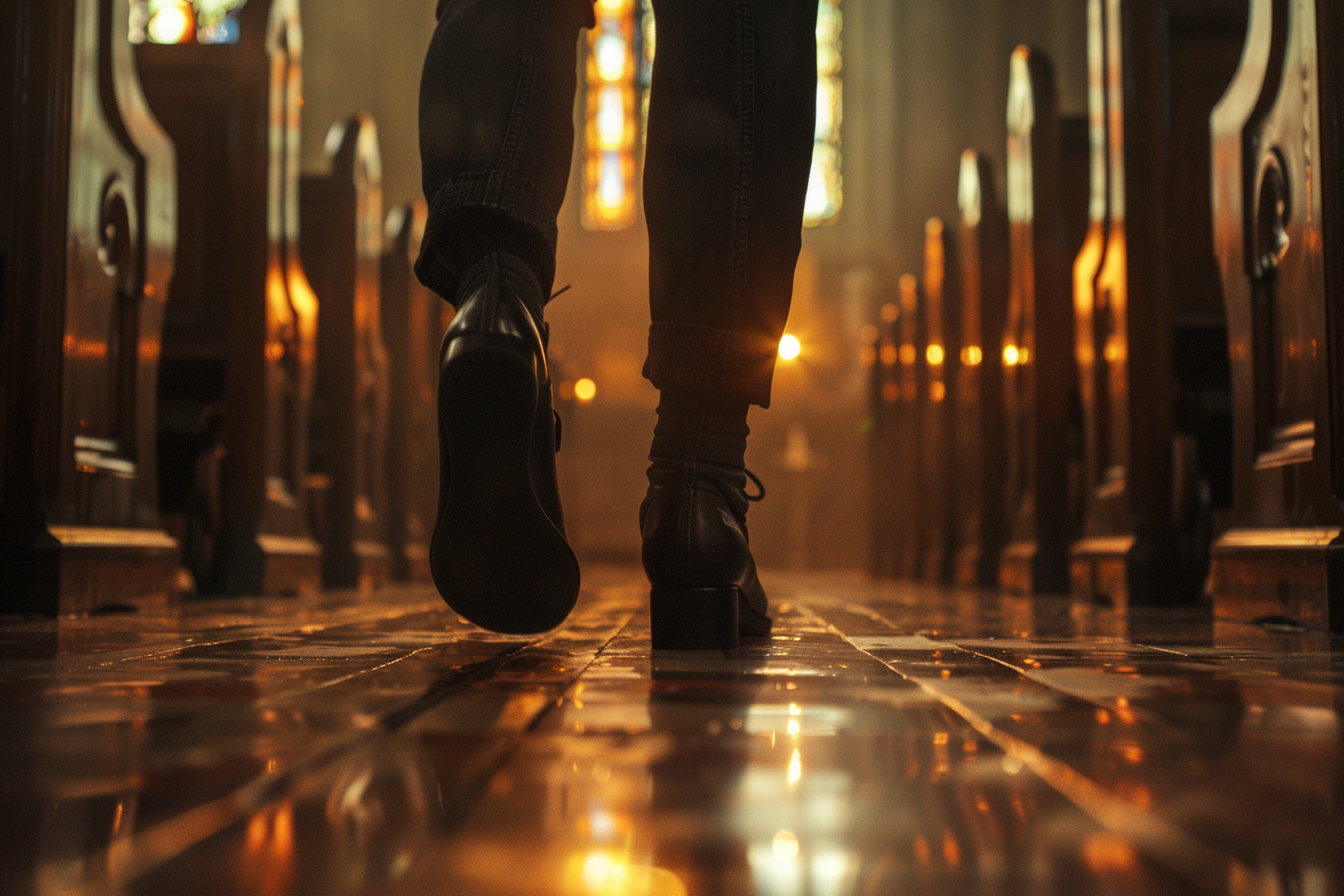 Una mujer caminando en una iglesia | Fuente: Midjourney