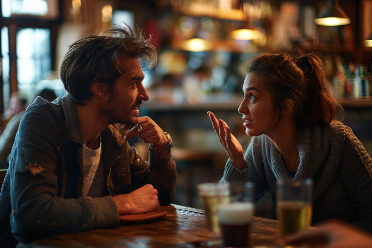 Una pareja discutiendo acaloradamente en un bar | Fuente: Midjourney