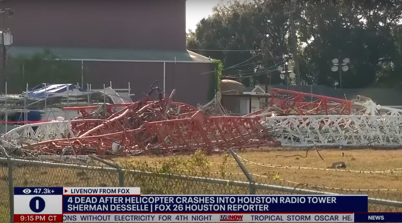 La torre de radio después de que se derrumbara tras el accidente del helicóptero, publicado el 22 de octubre de 2024 | Fuente: YouTube/LiveNOW de FOX