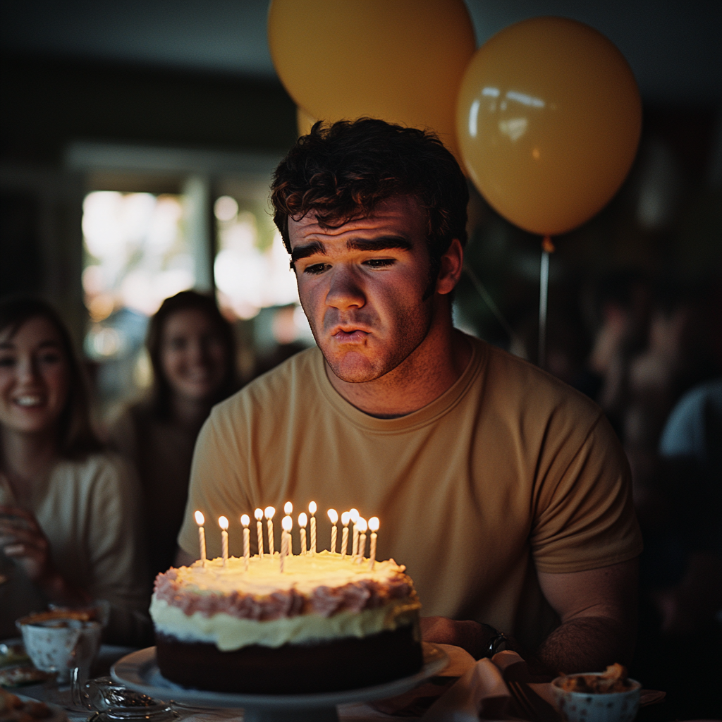 Un hombre infeliz soplando velas | Fuente: Midjourney