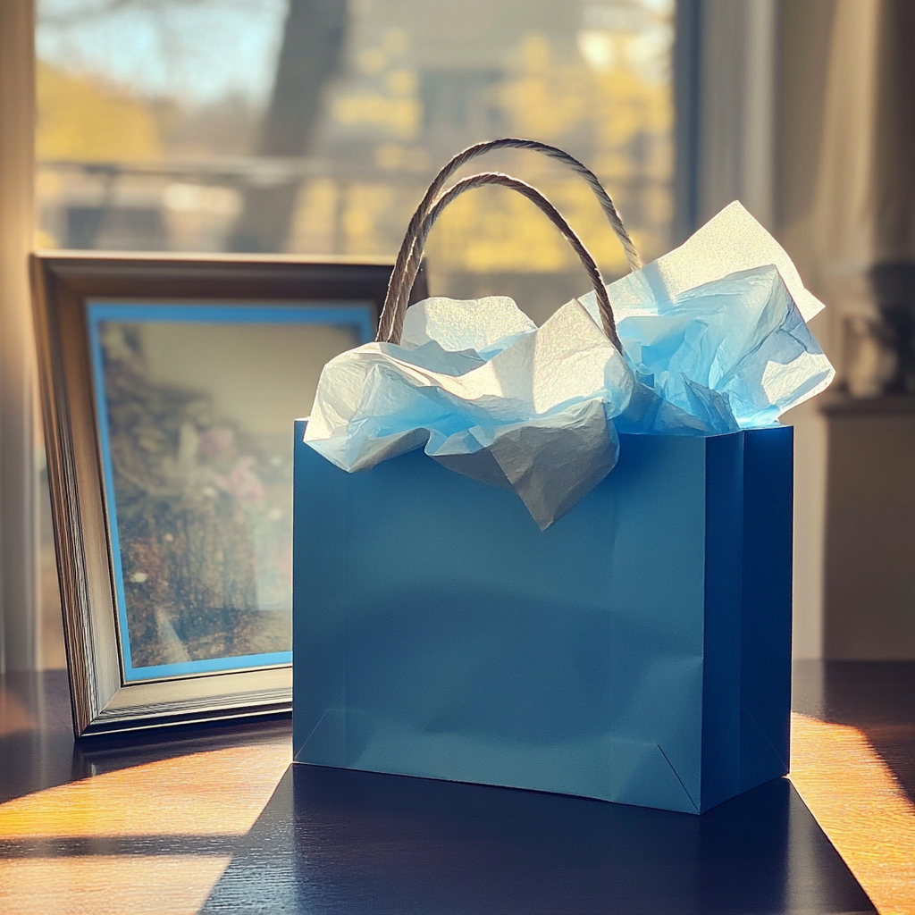 Una bolsa de regalo azul sobre una mesa | Fuente: Midjourney