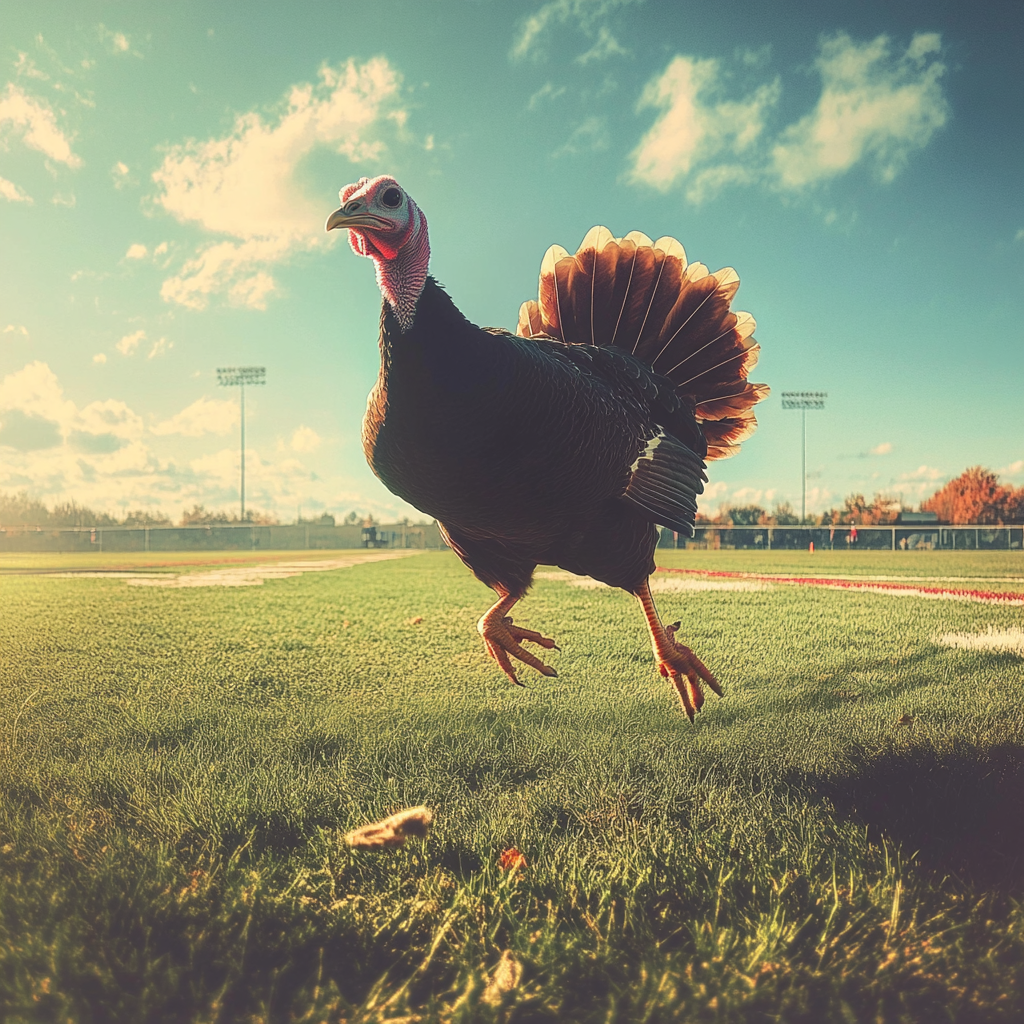 Un pavo en un campo de fútbol | Fuente: Midjourney