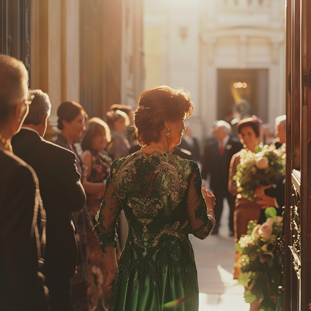 Una mujer vestida de verde entrando en el lugar de una boda | Fuente: Midjourney