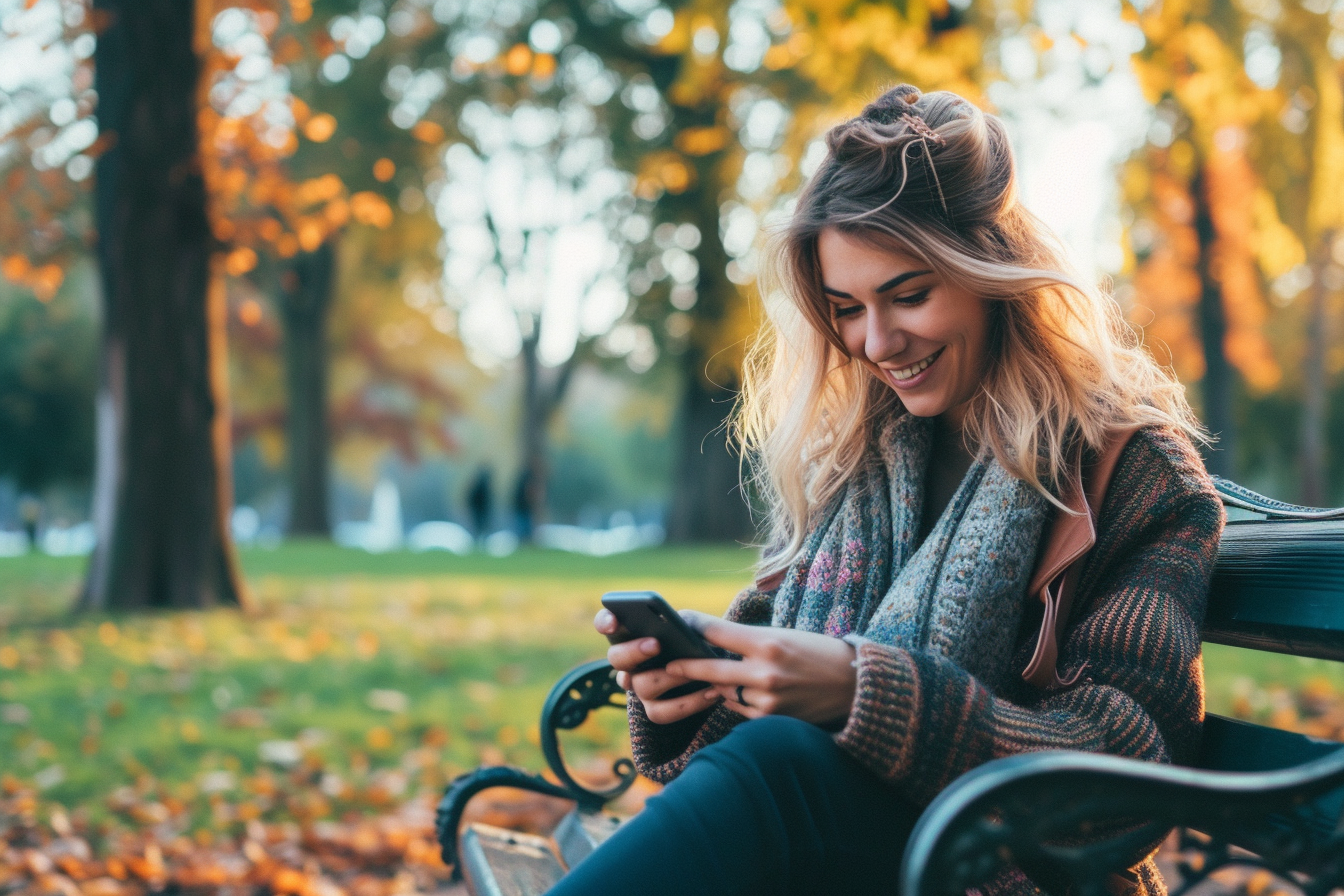 Una mujer sonríe mientras mira su teléfono sentada en un banco de un parque | Fuente: Midjourney