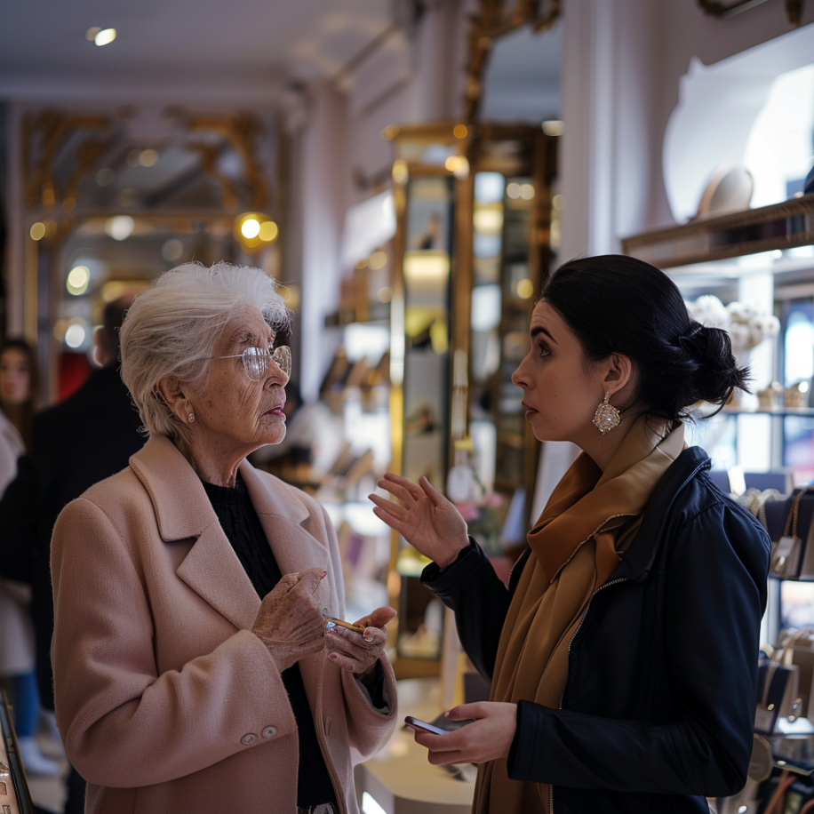 Una anciana hablando con una vendedora en una boutique | Fuente: Midjourney