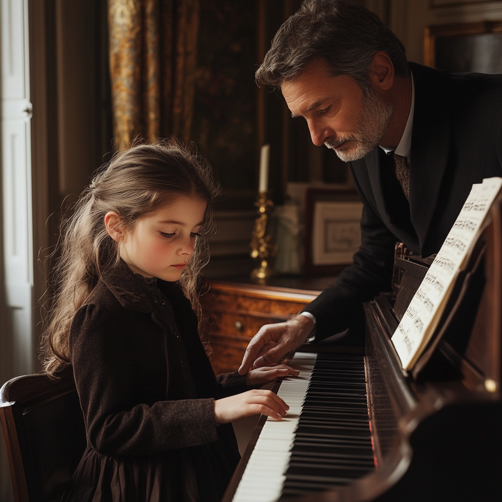 Una niña tocando el piano con su padre mirando | Fuente: Midjourney