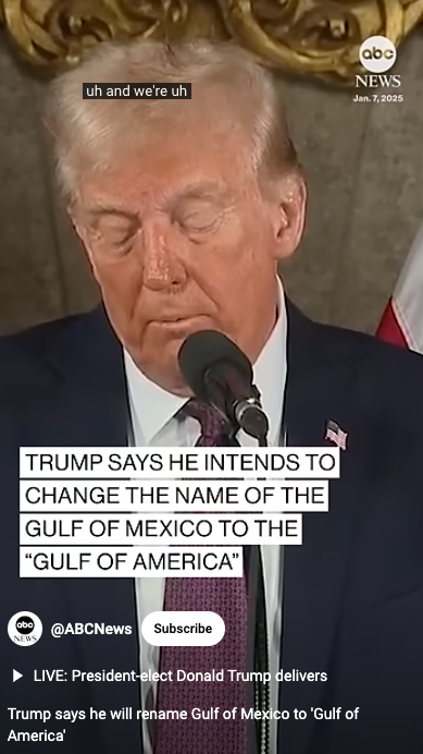 Donald Trump se refiere al cambio de nombre del Golfo de México por el de Golfo de América durante una rueda de prensa, publicada el 7 de enero de 2025. | Fuente: YouTube/ABCNews