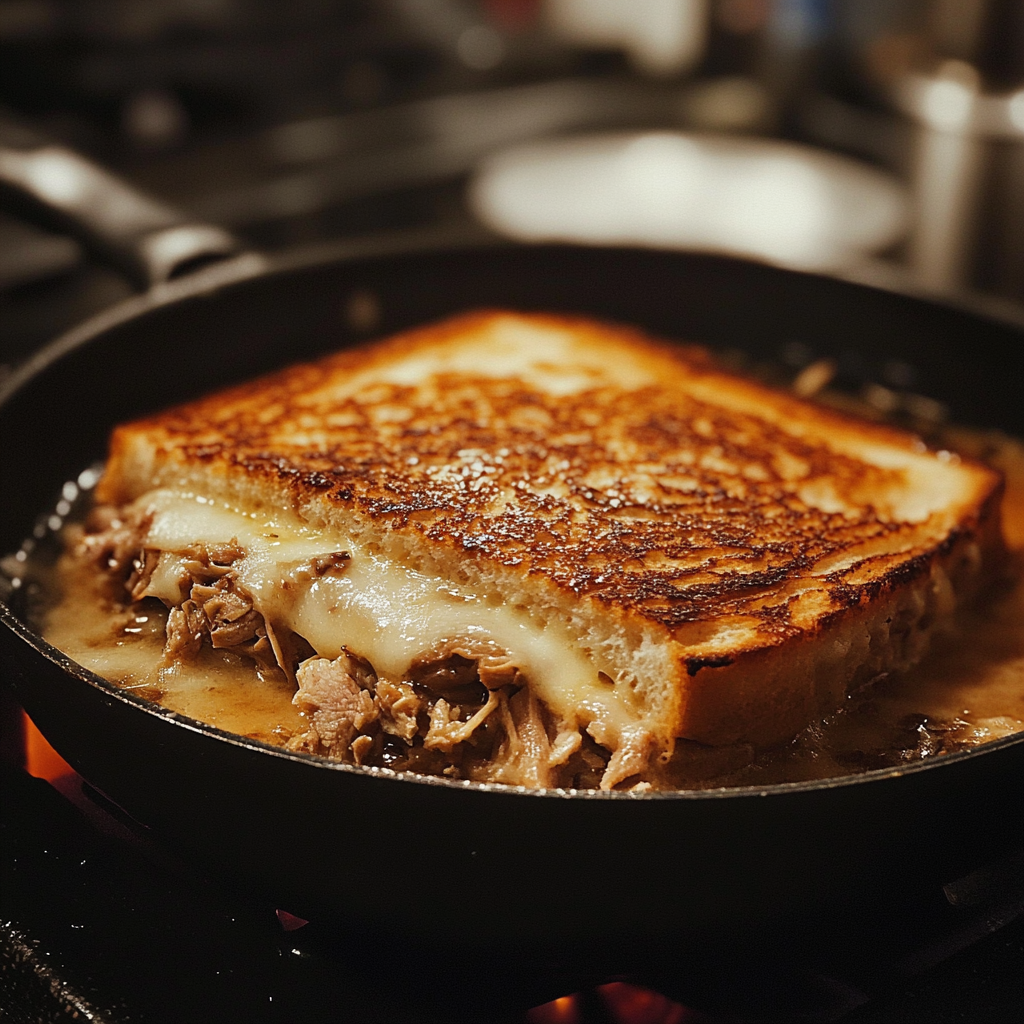 Un sándwich de atún fundido en una sartén | Fuente: Midjourney