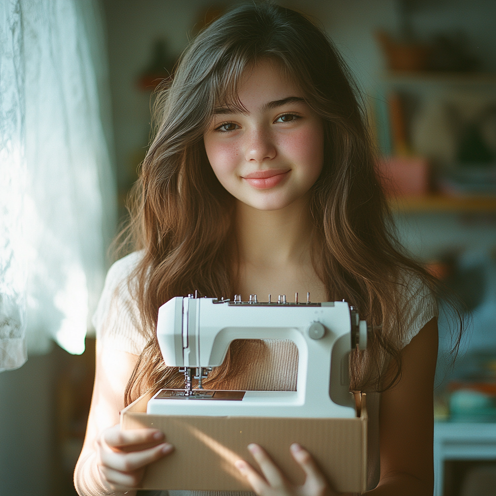 Una niña feliz con su máquina de coser | Fuente: Midjourney