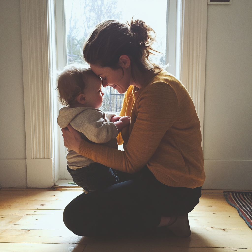 Una mujer se arrodilla para coger a un niño | Fuente: Midjourney