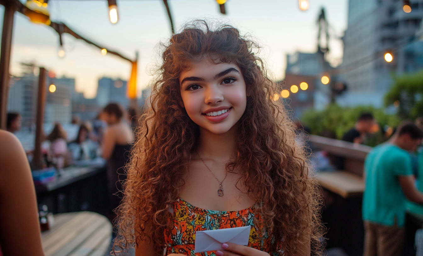 Una adolescente con una tarjeta en la mano | Fuente: Midjourney