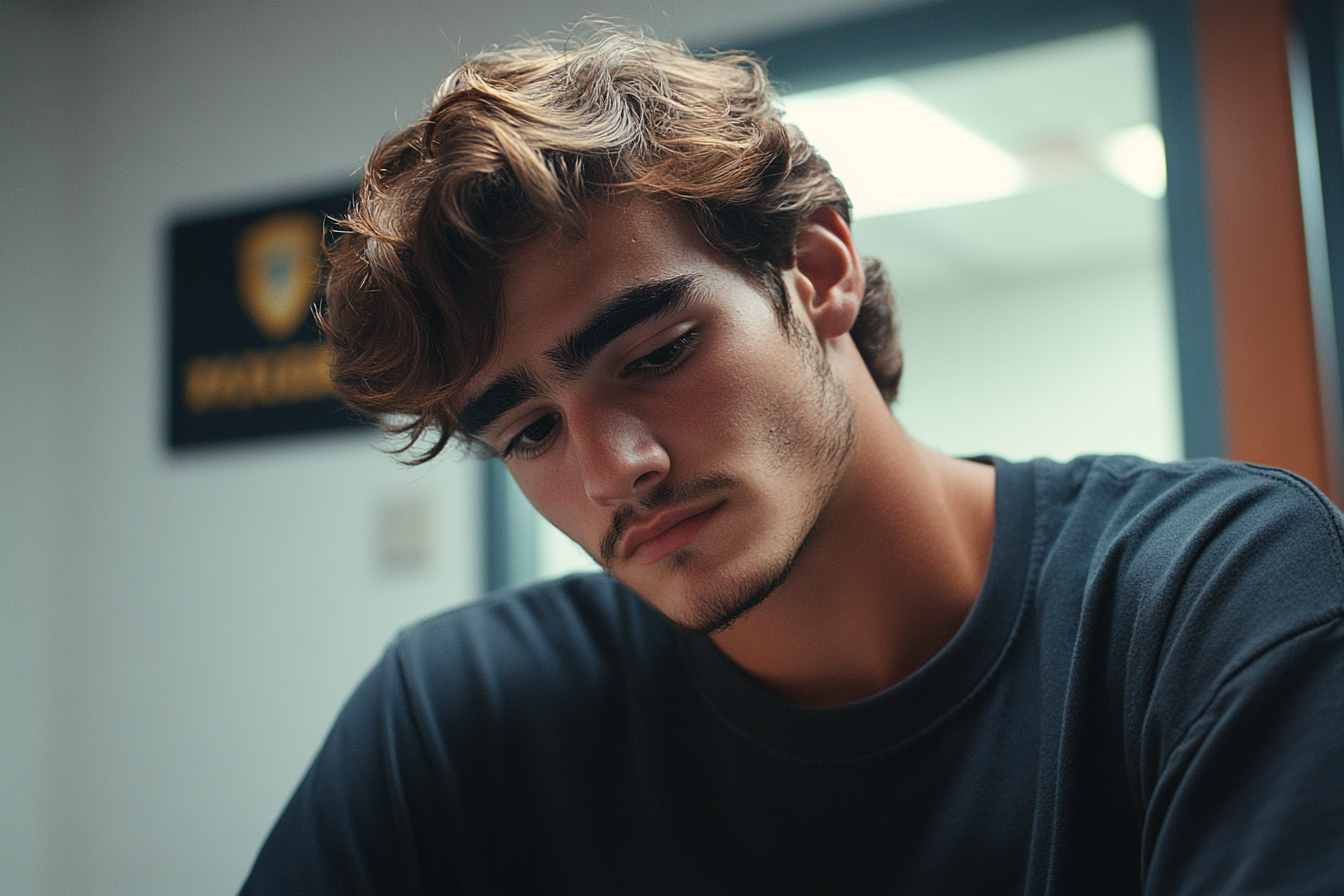 Un joven sentado en una comisaría | Fuente: Midjourney