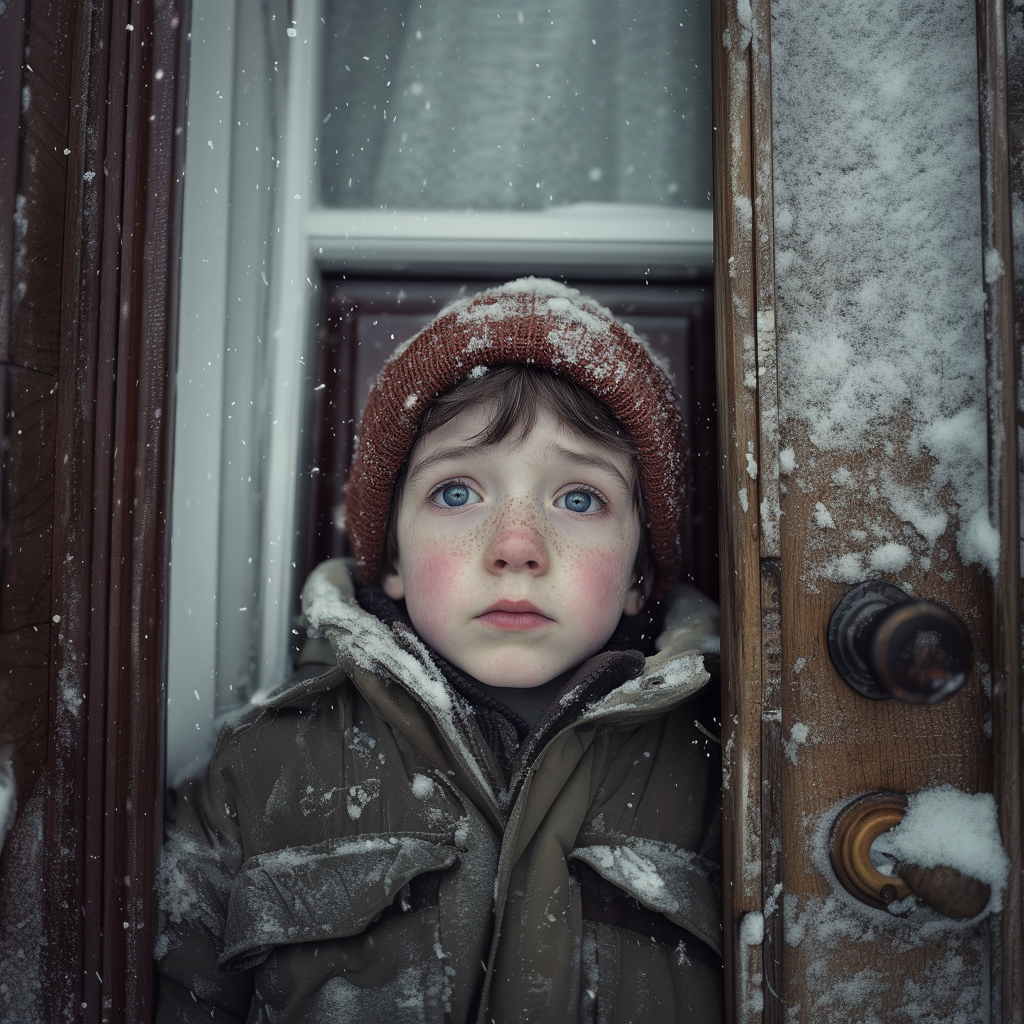 Un niño triste cerca de una puerta | Fuente: Midjourney