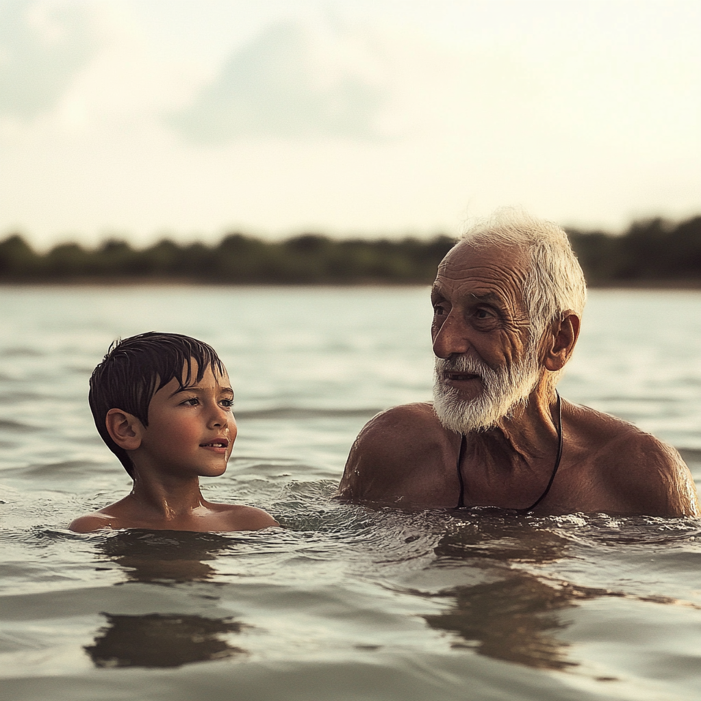 Un anciano y un niño nadando | Fuente: Midjourney