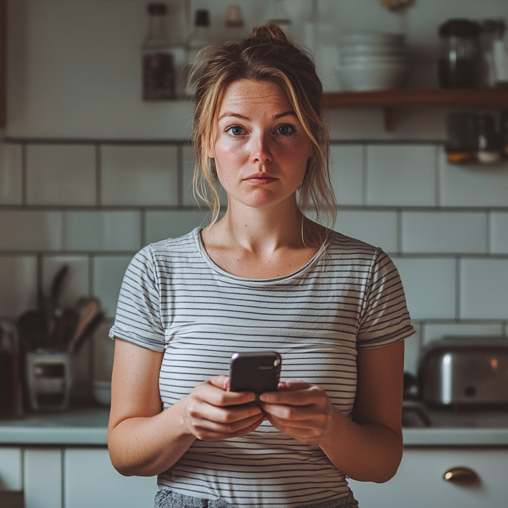 Una mujer perpleja sosteniendo su teléfono | Fuente: Midjourney