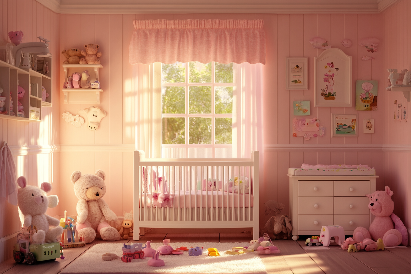 Una impresionante habitación infantil rosa con juguetes y cuna | Fuente: Midjourney