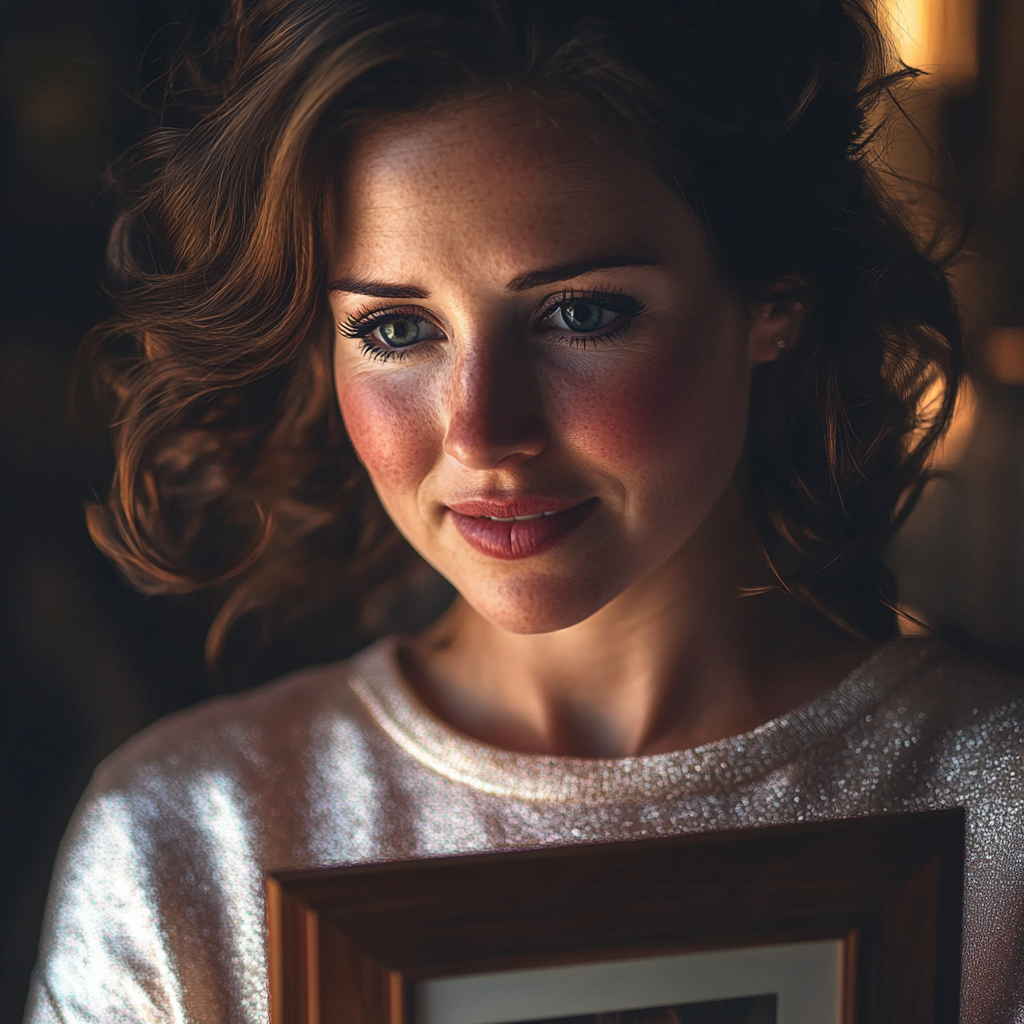 Una donna emozionata che tiene in mano una foto incorniciata | Fonte: Midjourney