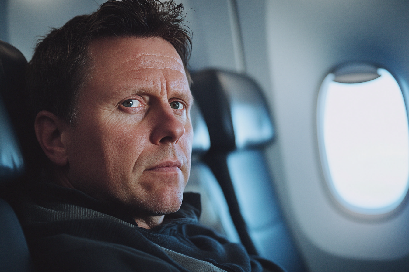 Un hombre sentado en un avión | Fuente: Midjourney
