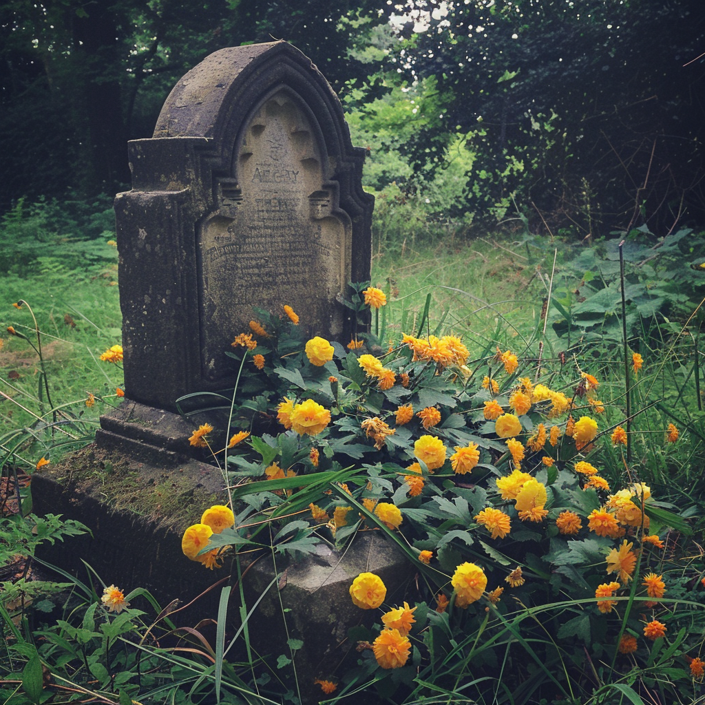 Una lápida con flores amarillas | Fuente: Midjourney