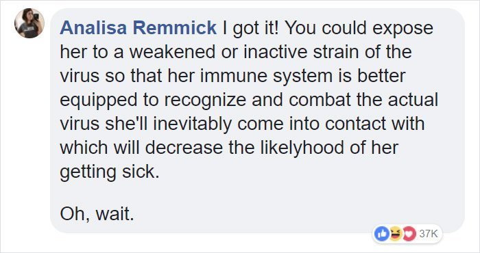 Un usuario responde a la publicación de la mamá anti vacunas. | Foto: Facebook/Natural Health Anti-Vaxx Community
