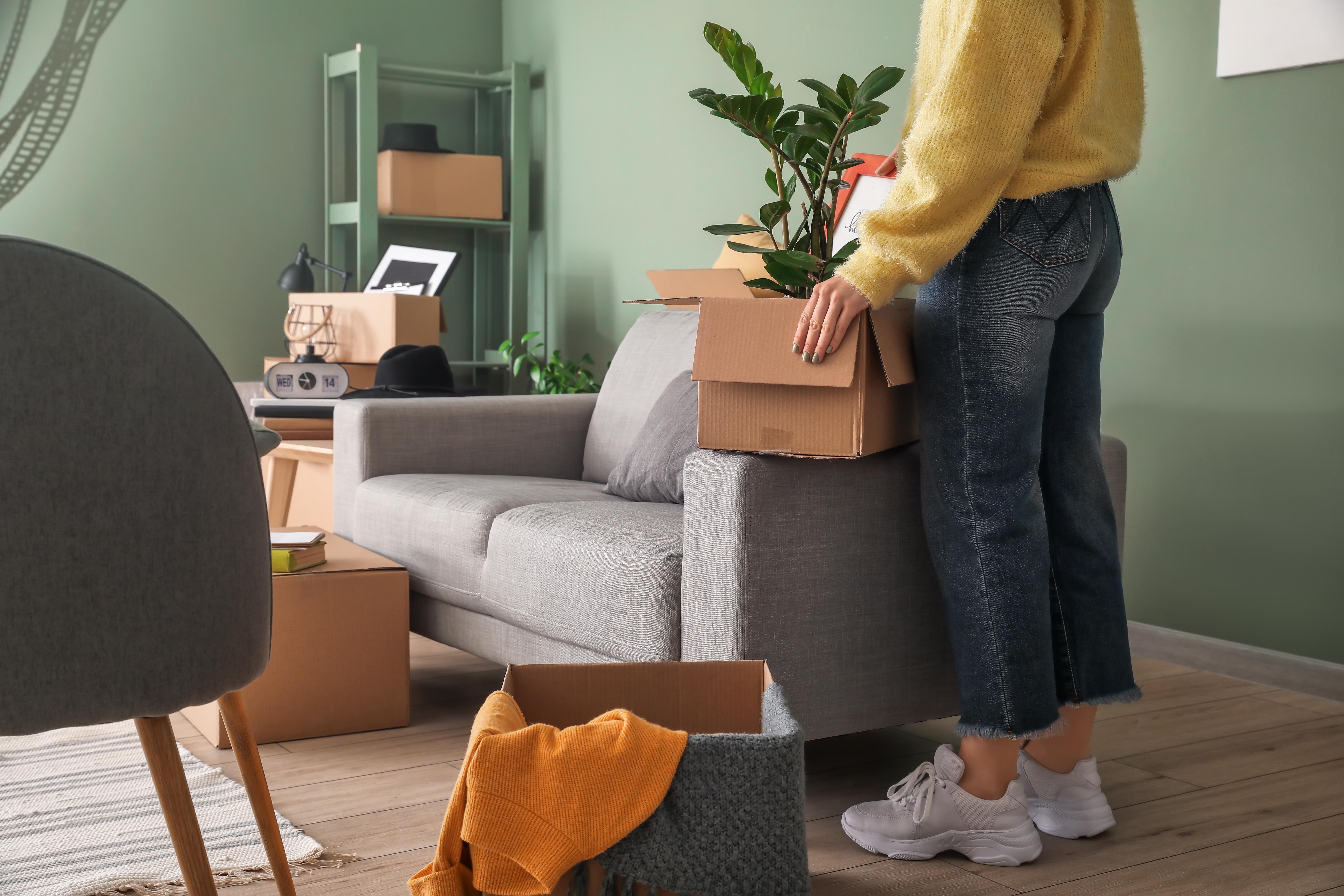 Una mujer sujetando una caja de cartón con una planta | Foto: Shutterstock