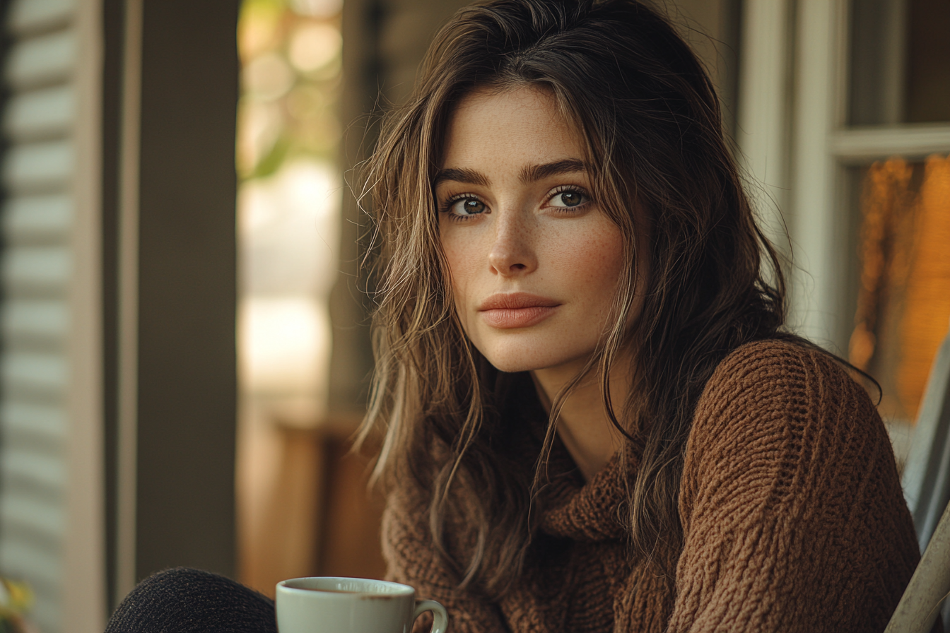 Mujer sentada en el porche, tomando una taza de café | Fuente: Midjourney