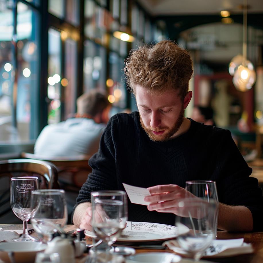Un hombre intenta mantener la compostura mientras lee una pequeña nota en un restaurante | Fuente: Midjourney