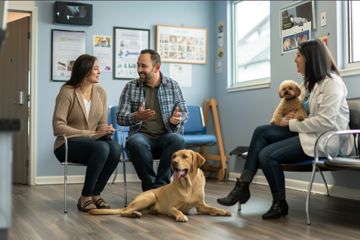 Gente hablando en una sala de espera veterinaria | Fuente: Midjourney