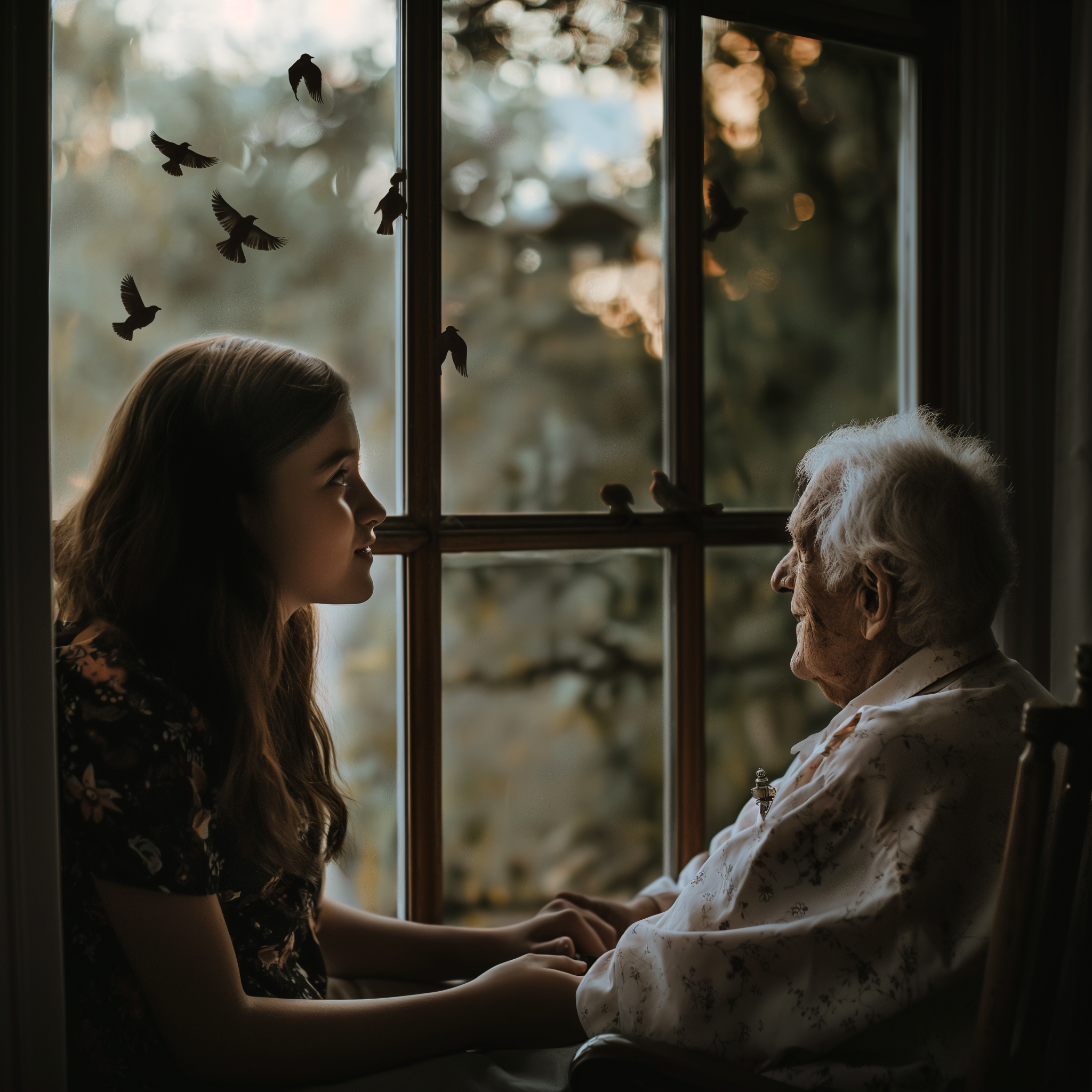 Un abuelo y su nieta observando aves | Fuente: Midjourney