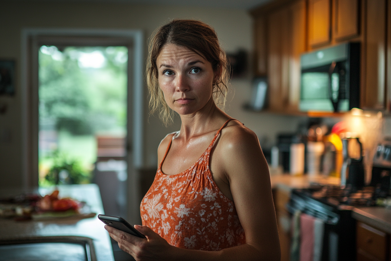 Una mujer en una cocina sujetando su teléfono móvil | Fuente: Midjourney