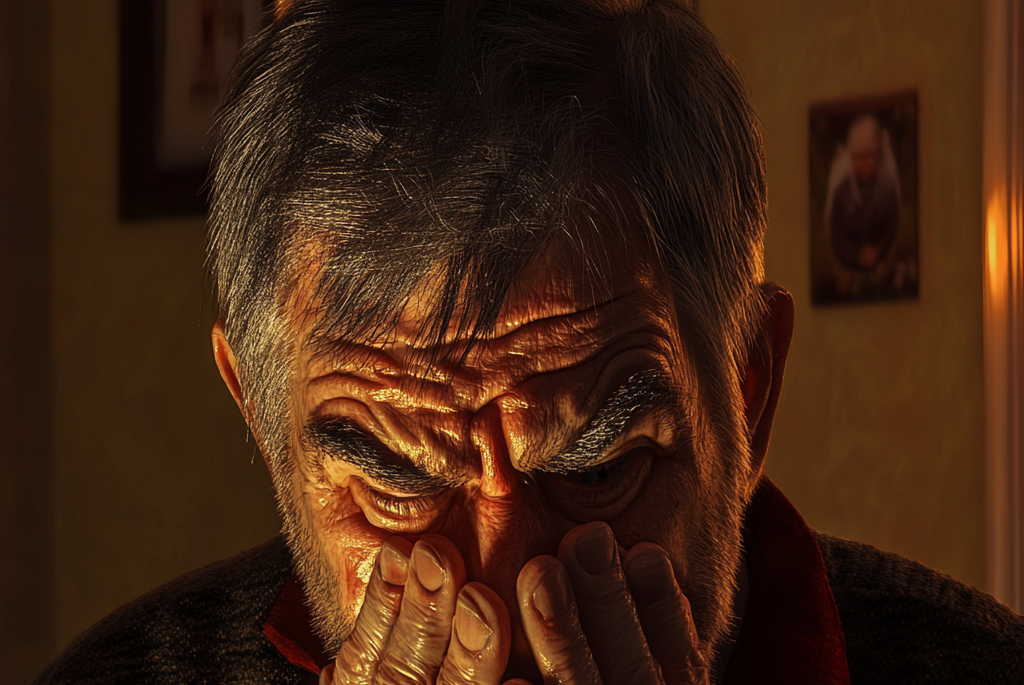 Un anciano emocional abrumado por la pena y la culpa | Fuente: Midjourney