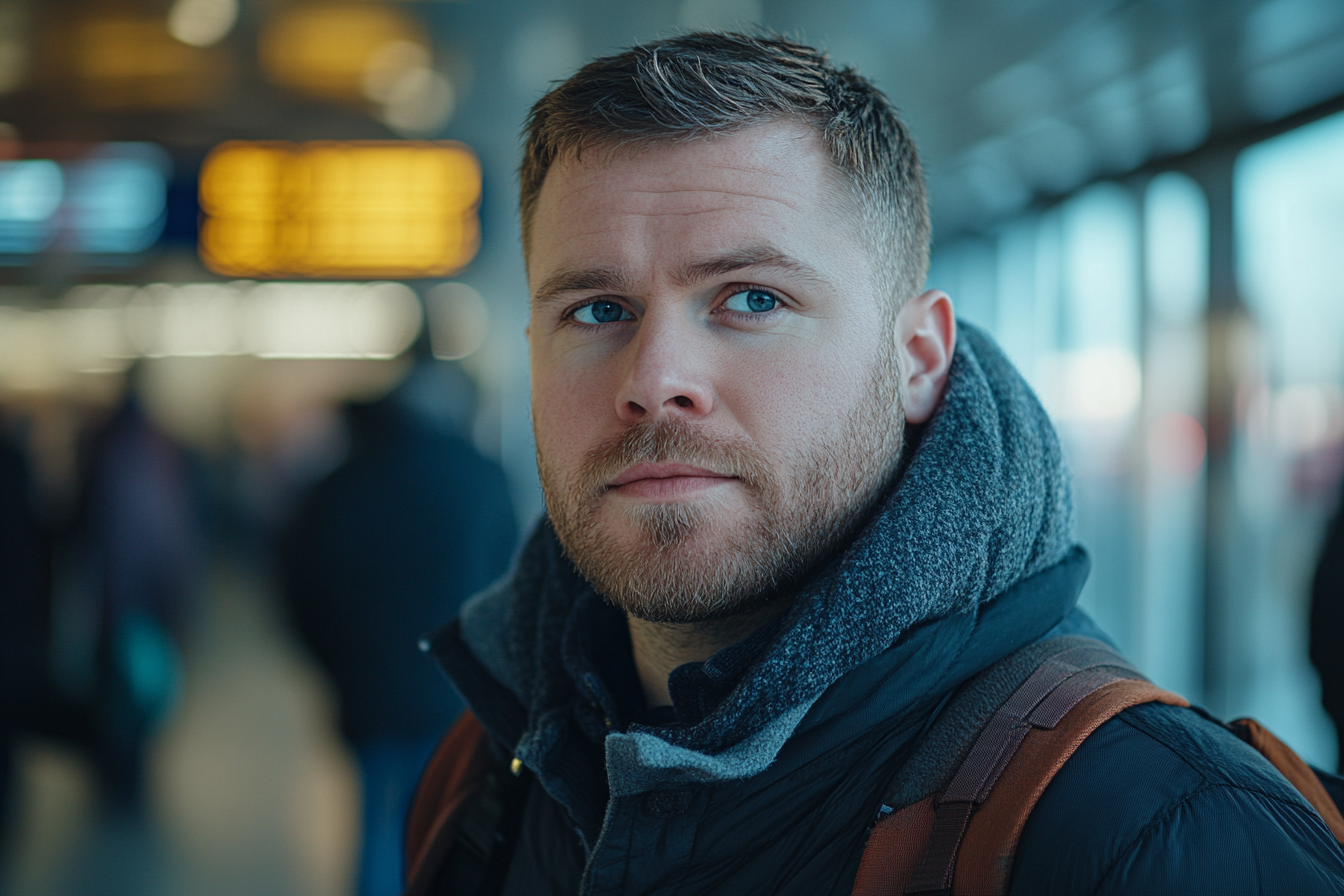Un hombre de pie en un aeropuerto | Fuente: Midjourney