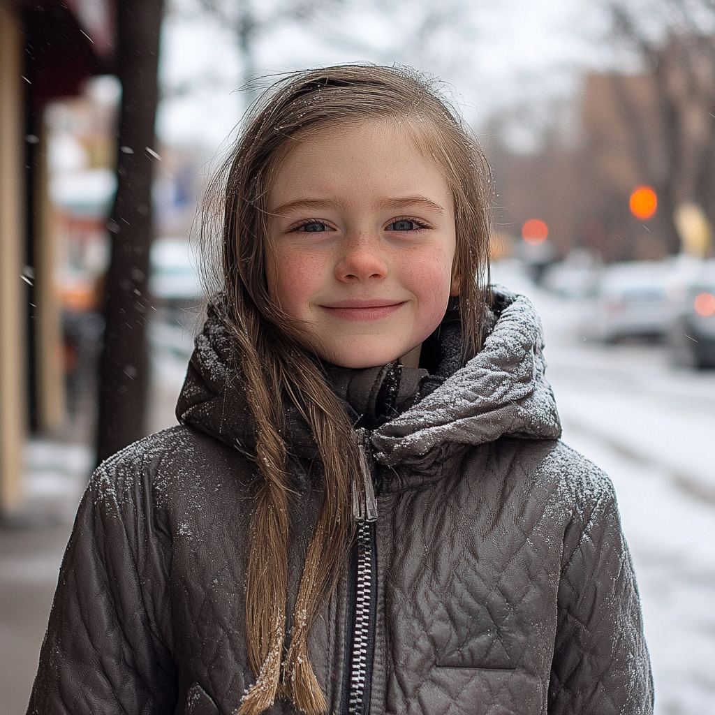 Una joven sonriente con una cálida chaqueta de invierno en un clima gélido | Fuente: Midjourney