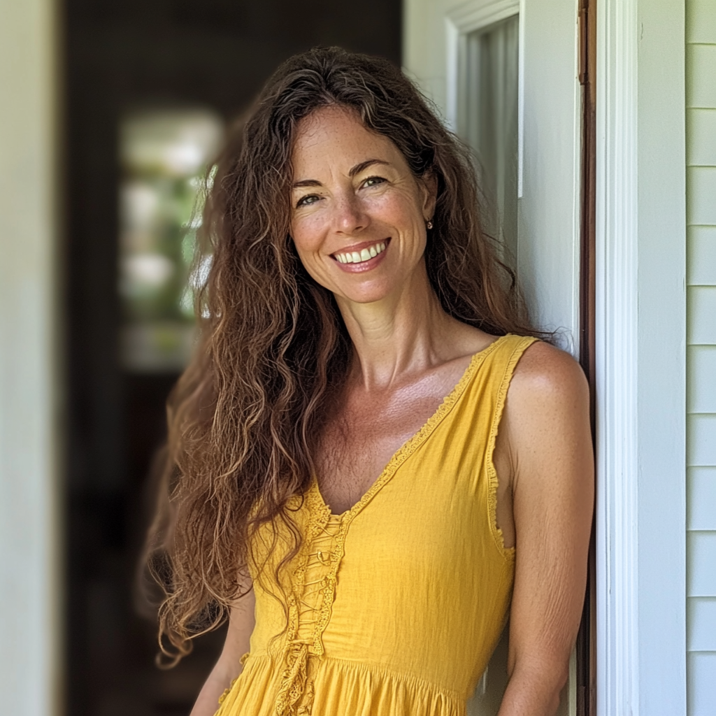 Una mujer sonriente de pie en una puerta | Fuente: Midjourney