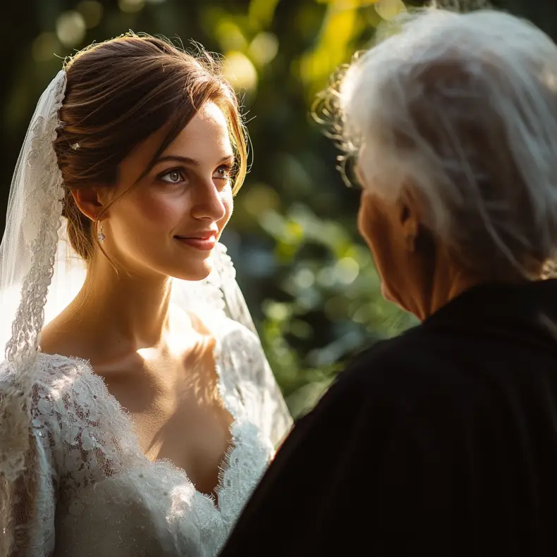 Una novia sonriendo amablemente a una mujer mayor | Fuente: Midjourney