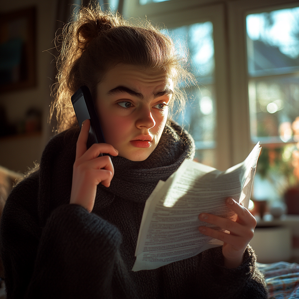 Una mujer estresada leyendo una carta mientras espera a que respondan a su llamada | Fuente: Midjourney