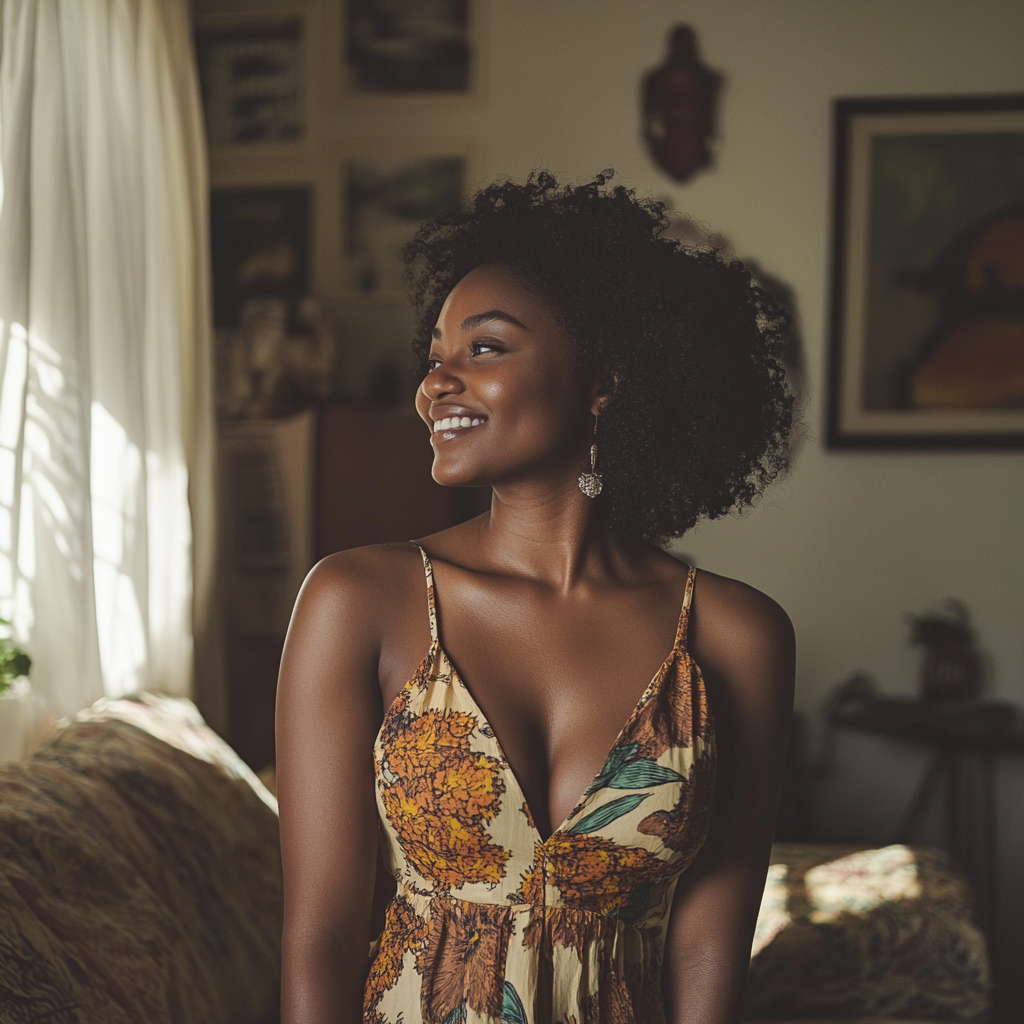 Una mujer sonriente con un vestido | Fuente: Midjourney