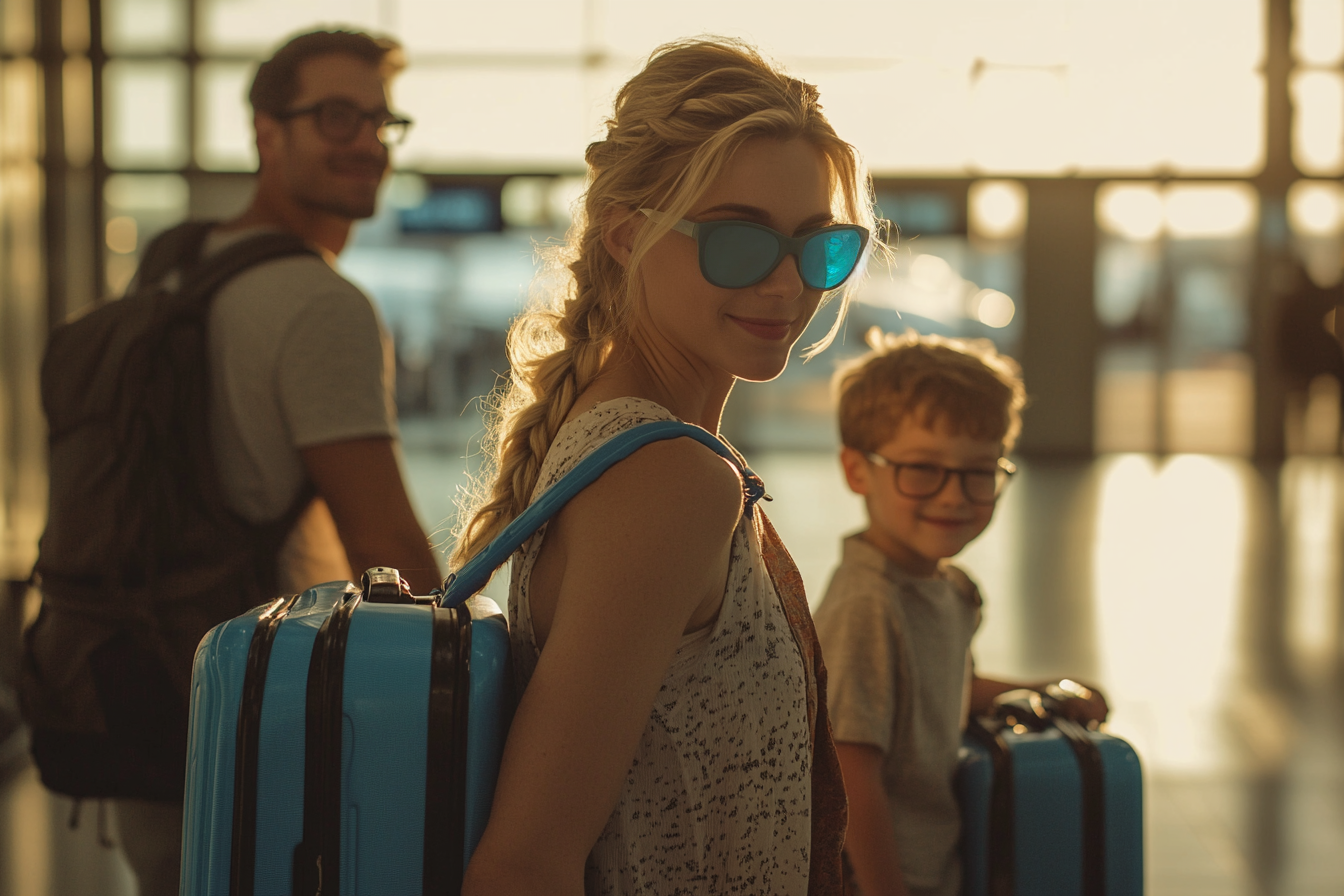 Familia con cara de felicidad en el aeropuerto | Fuente: Midjourney