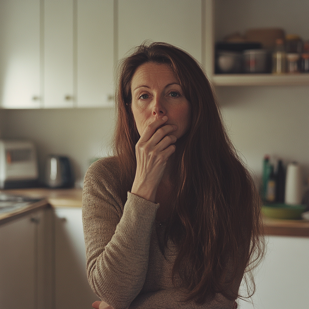 Una mujer en una cocina con la mano en la boca | Fuente: Midjourney